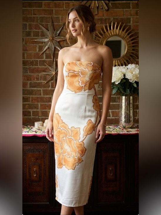 Commense Dresses & Skirts - Cream & Orange Floral Strapless Dress